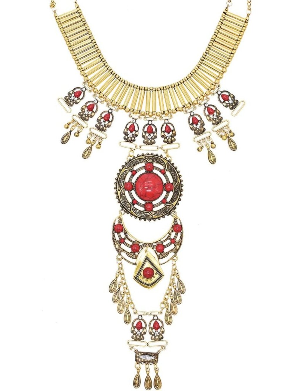 Boho Tribal Tassel Collar Bib Necklace - Chunky Pendant Statement Choker for